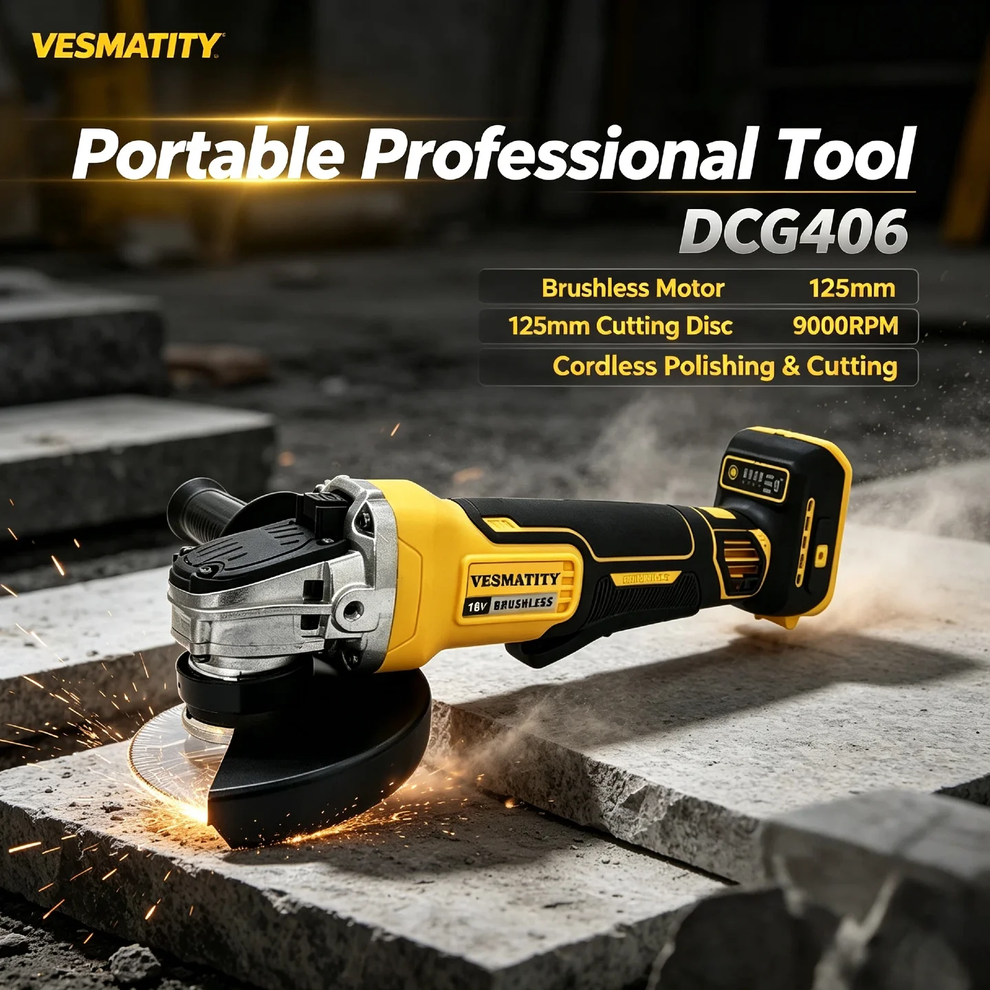 DCG406 Vesmatity Brushless Angle Grinder 125mm 9000RPM – Cordless Polishing Cutting Power Tool for DeWALT Battery