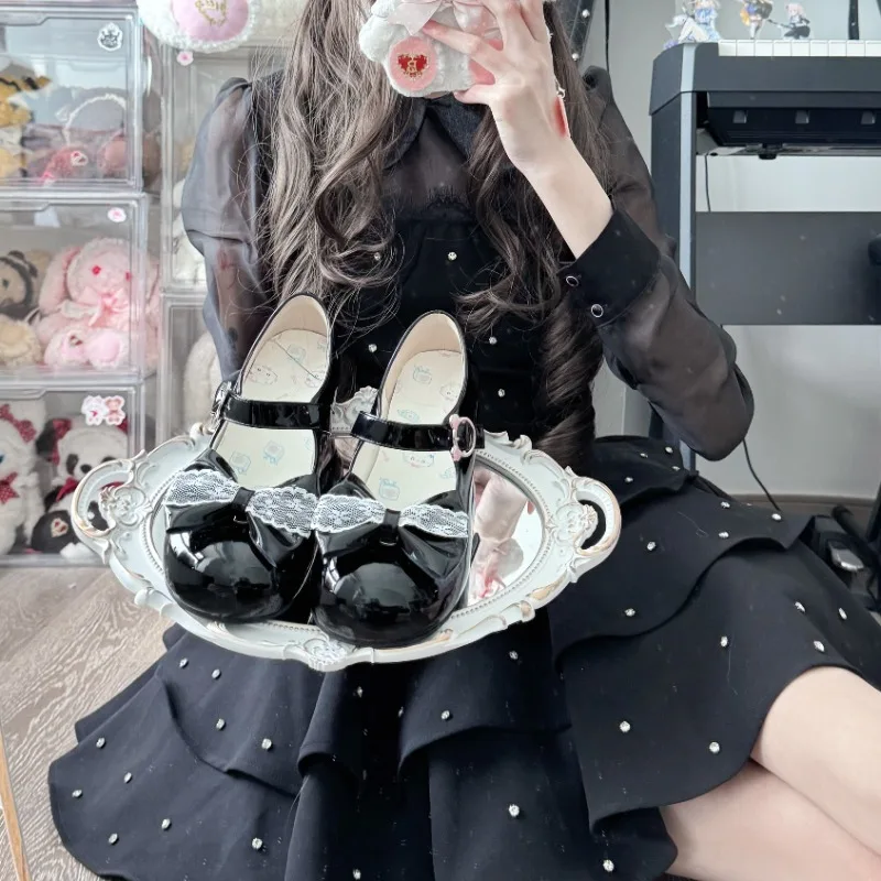 Original tout-match dentelle Lolita mignon doux fille talon bas bout rond chaussures femmes femme de chambre couleur Pastel sandale plate
