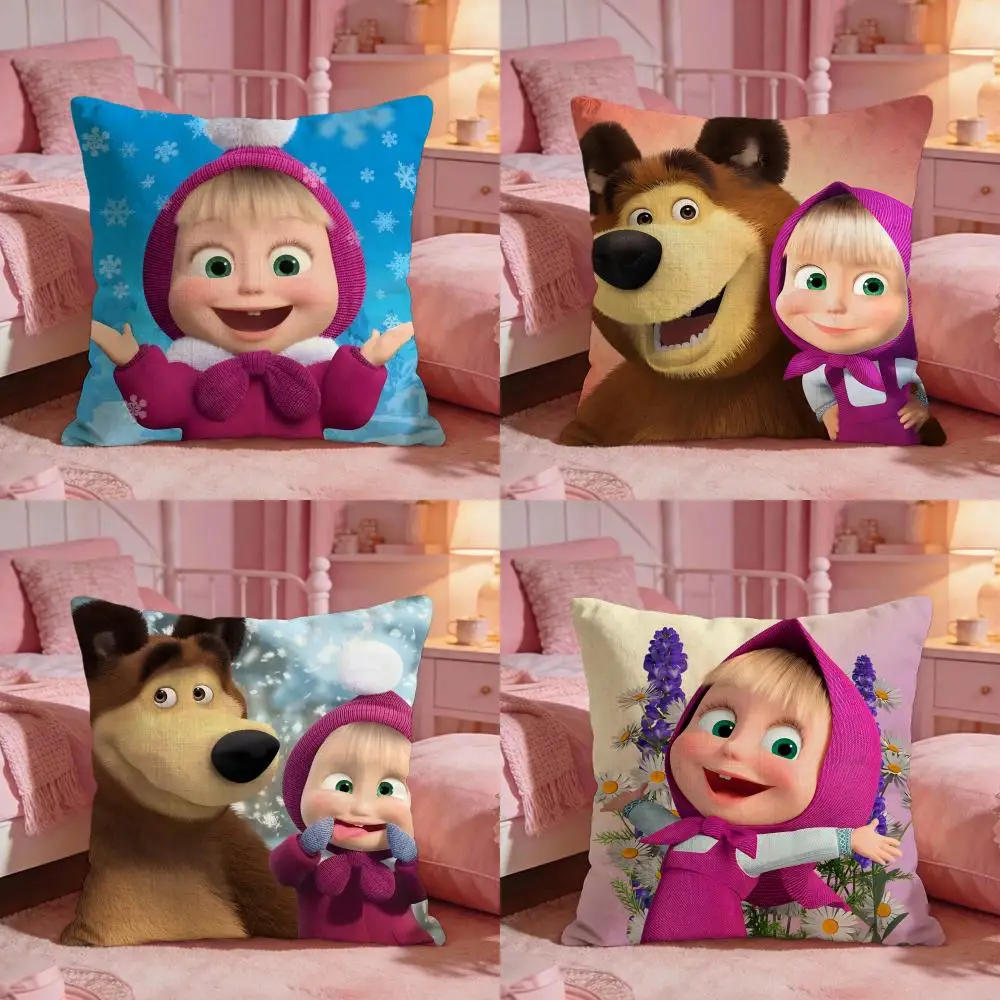 Masha And The B-Bears Cute Cushion Cover Premium Comfort Reversible Pillow Cove -Two In One Design For Any Room & Car Interior