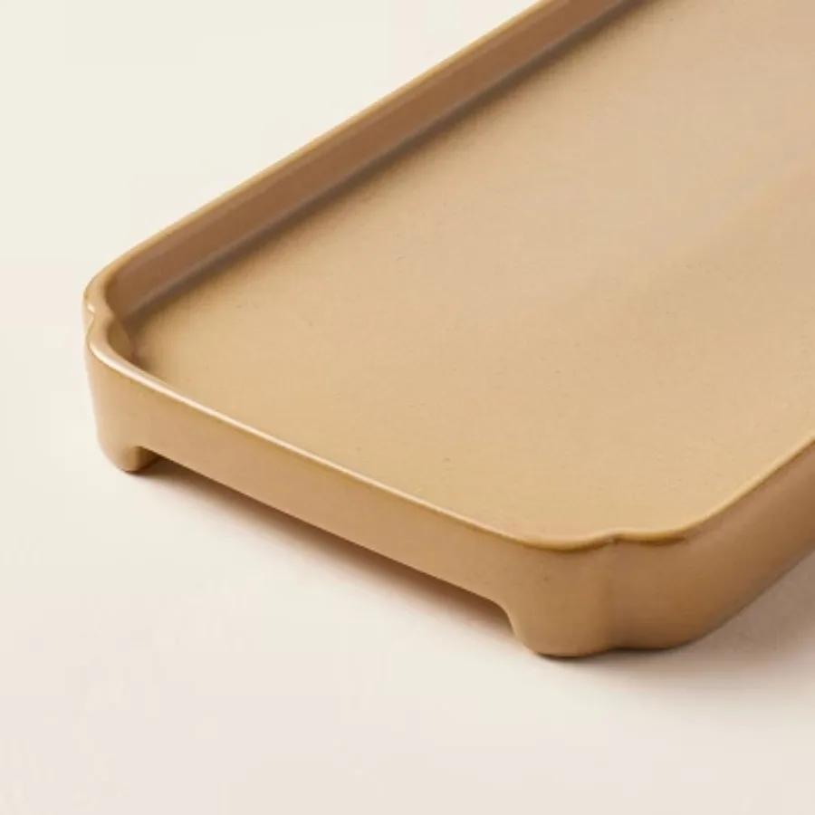 Bandeja de vaidade de grés 6x11" - Organizador de balcão de banheiro marrom mel para maquiagem, anéis, chaves |   Decoração moderna para casa