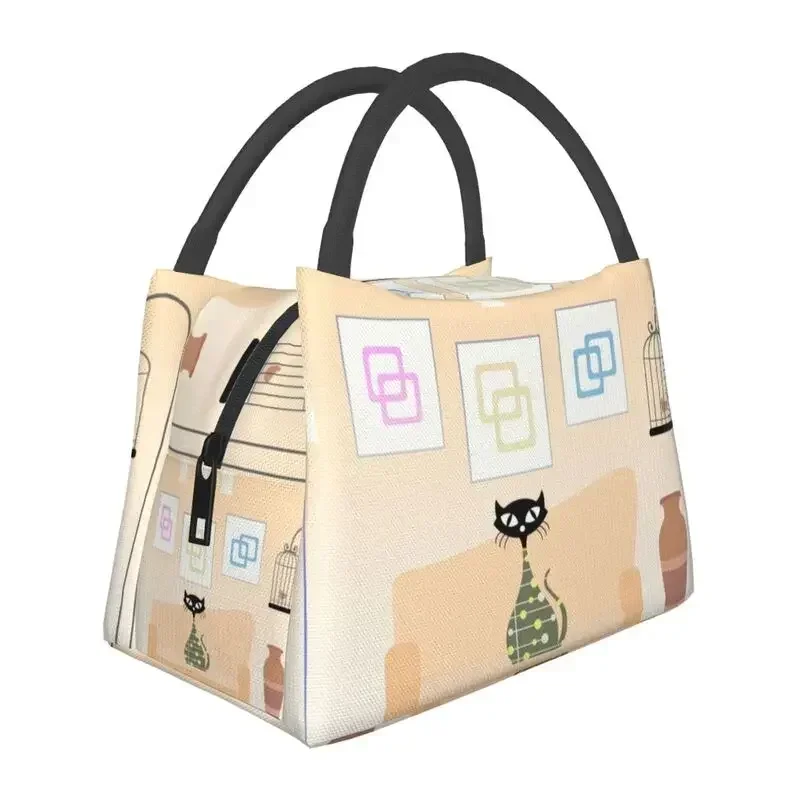 

Mid Century Cartoon Meow Retro Atomic Black Cat Insulated Lunch Bags for Women Cooler Thermal Food Lunch Box Work Travel