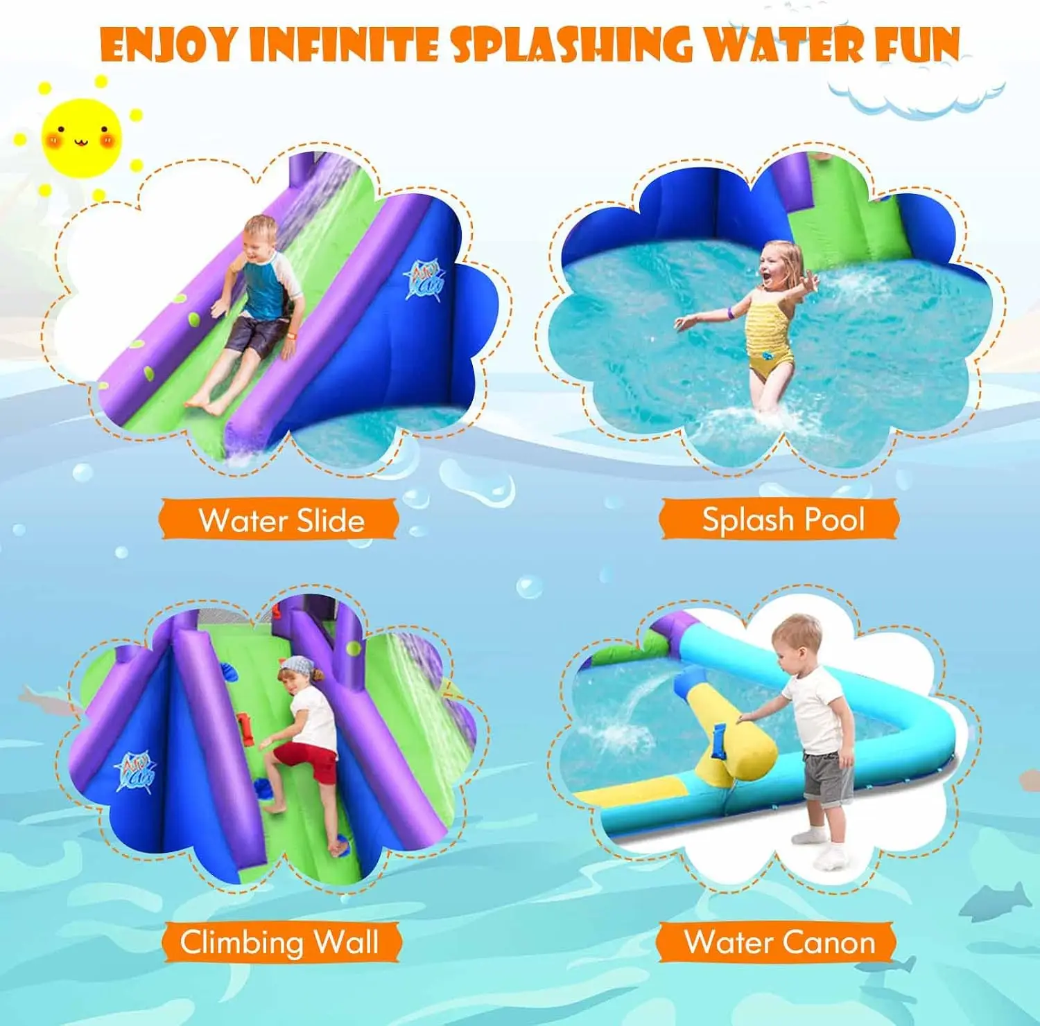 Giant Inflatable Water Park for Kids, Octopus Themed Bouncy Waterslide with 2 Slides & Climbing Wall, Large Splash Pool, Water Hoses and Cannon, Outdoor Blow Up Waterslides for Backyard (Includes 780W Blower)