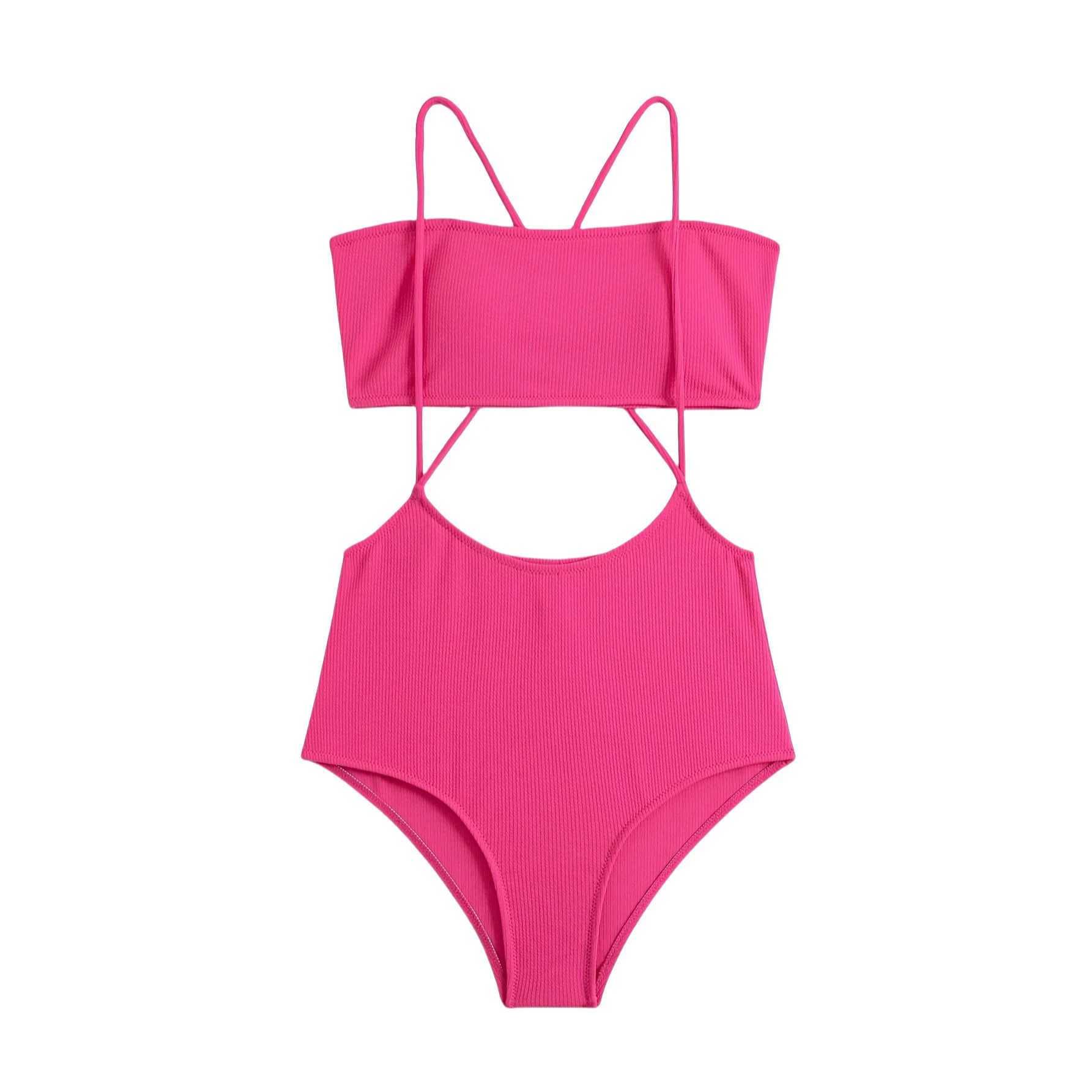 

Street Style Rose Red Ribbed Sexy Bikini Set Cross Back Strap Top and High Waist Bottoms Women's Swimsuit One Piece Swimwear