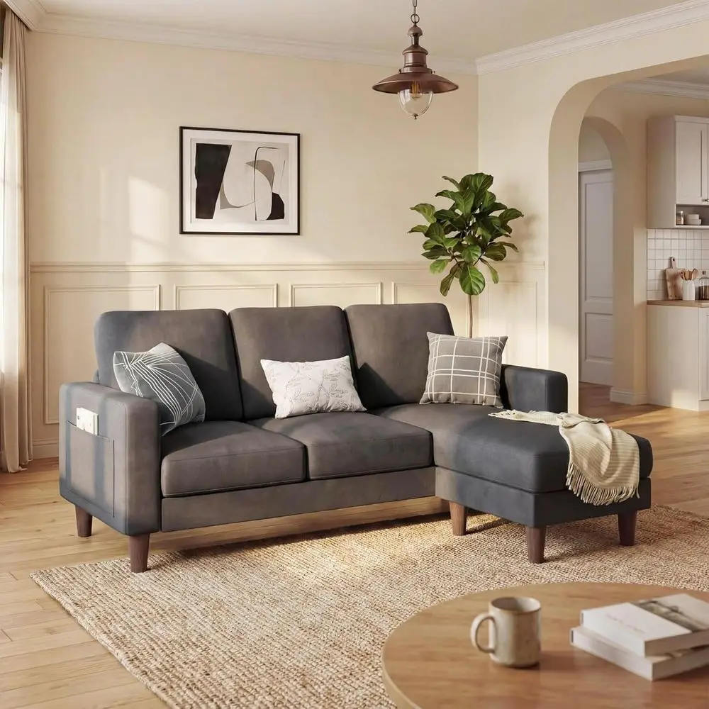 

L-Shape 3-Seat Sofa with Side Storage, Reversible Ottoman, Linen-Fabric Sectional for Small Living Rooms in Graphite Grey