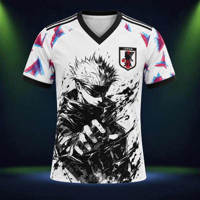 Japan Style Anime Ink Art Football Jersey Unisex V Neck Short Sleeve Tee Print Sports Shirt Hip Hop Casual Tops for Men Women
