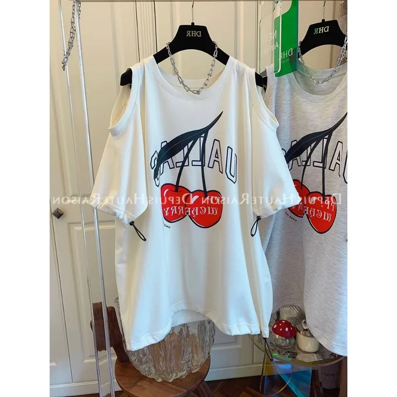 

Women's Cherry Print Cold Shoulder T-Shirt Summer Oversized Short Sleeve Casual Top