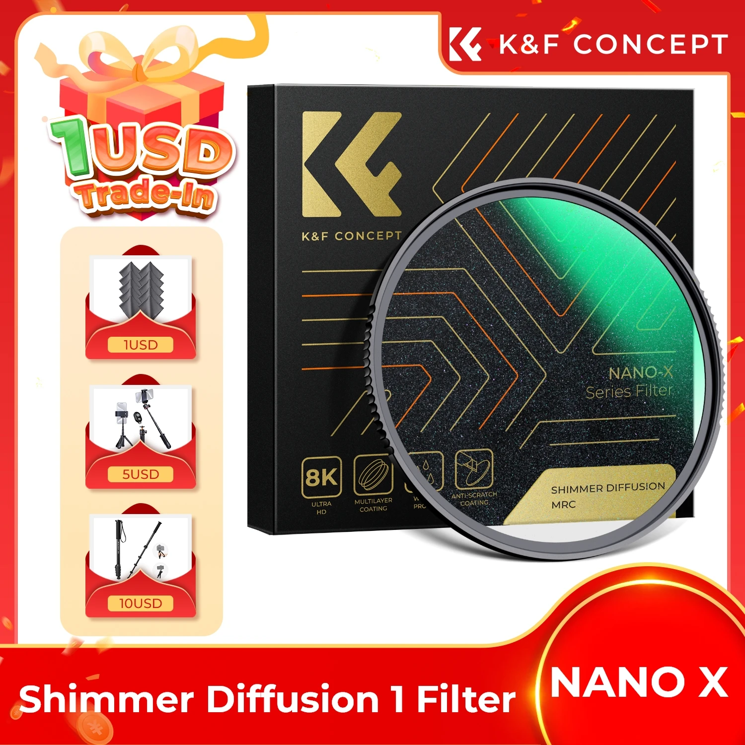 K&F Concept 49-82mm Shimmer Diffusion 1 Microlight Mirror Glass Filter for Camera Lenses Filters Nano X 49mm 62mm 67mm 77mm 82mm