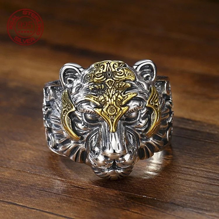 S925 Sterling Silver Retro Punk StyleOpen Adjustable Tiger Ring Hip Hop Trend Domineering Ring  Men's Jewelry Factory Price