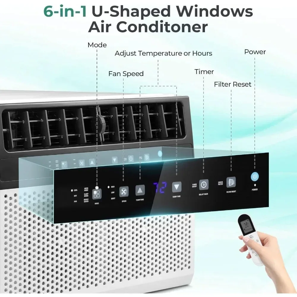 Climatizzatore a finestra ultra silenzioso a forma di U da 10000 BTU, paesaggio a finestra intera, telecomando, raffreddamento fino a 450 piedi quadrati