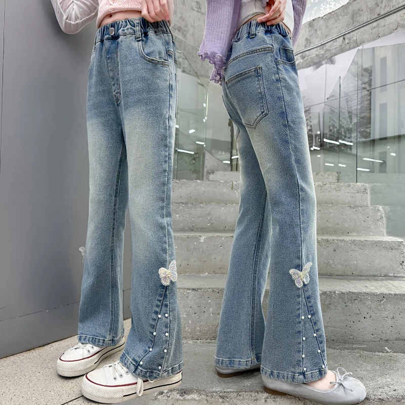 

American High Street Spicy Girl Flared Jeans With Butterfly Kids Autumn Vintage y2k Design Slim Fit Bootcut Denim Pants Children
