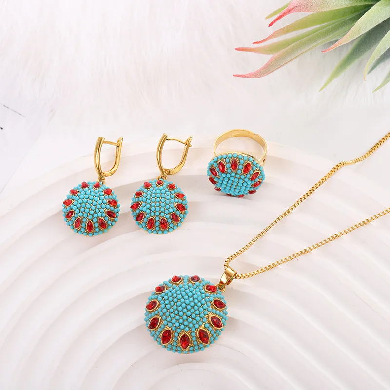 Romatic Women Fashion Gold Necklace Earring Set Pearl Sapphire Round Shape Arabic Style Party Wedding Bride Jewelry Set