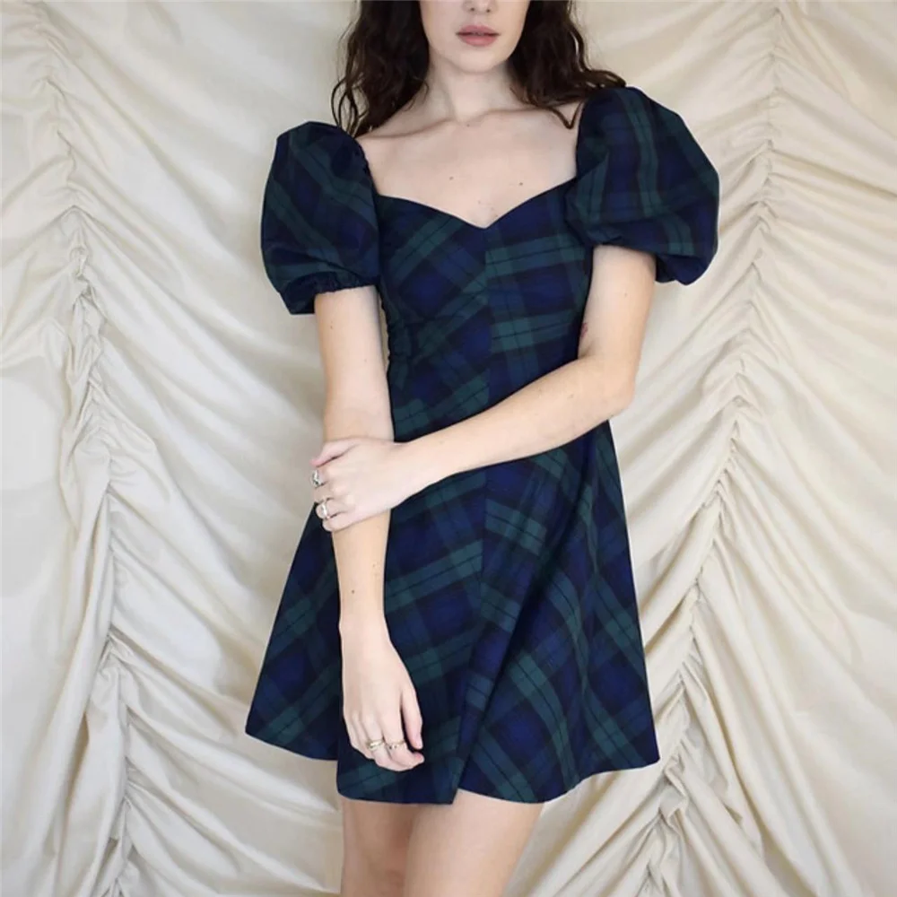 

Summer dress women 2022 bodycon dress mini green plaid dresses vintage clothes cotton square neck dress short sleeve shirred