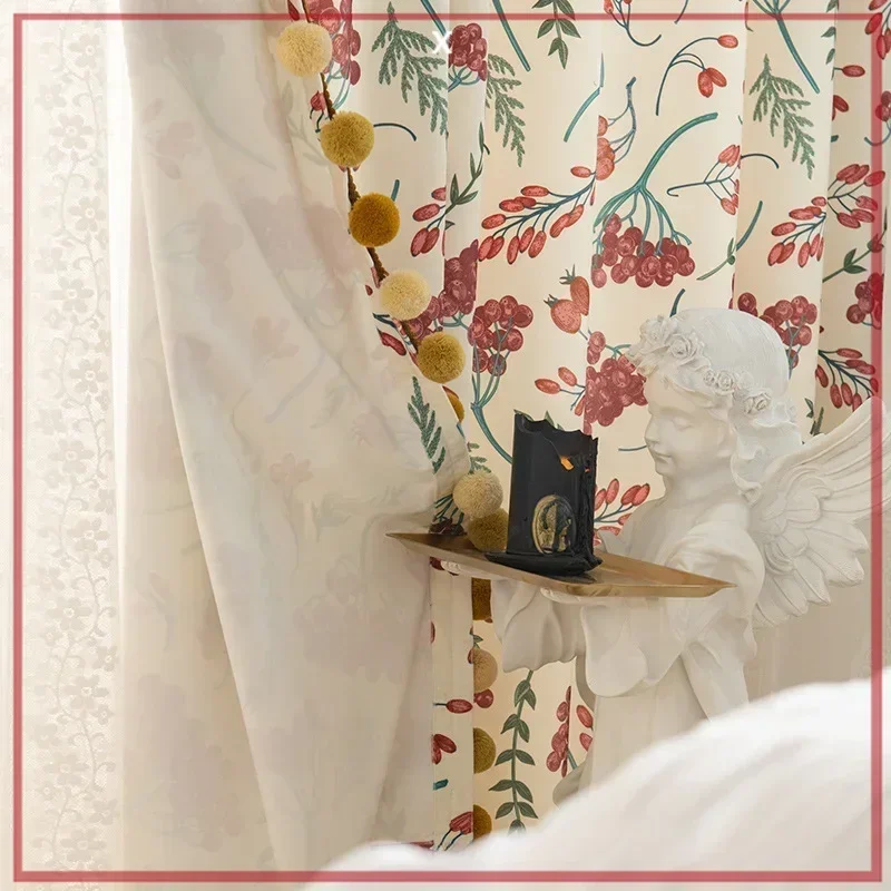 Print Cotton Luxury American Rustic Tulle Beige Red Grape Curtains for Living Dining Room Bedroom High Shading