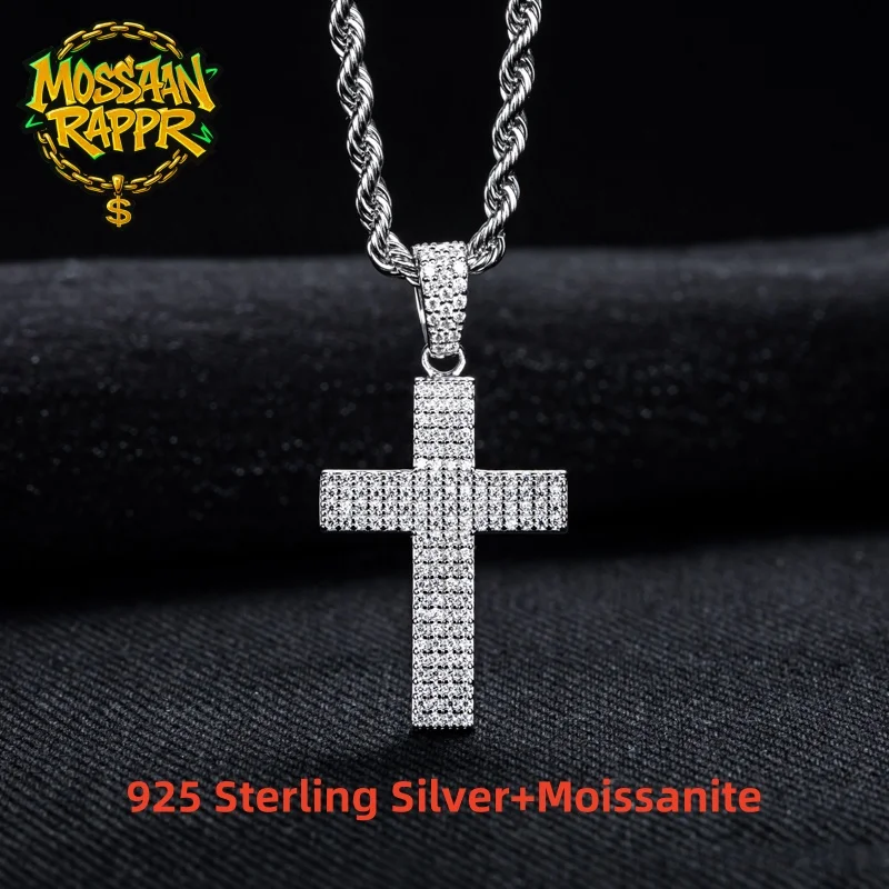 

MossanRappr Moissanite Bling Cross Pendant Iced Out Hip Hop Necklace 925 Sterling Silver Punk Rock Jewelry Gifts for Men Women