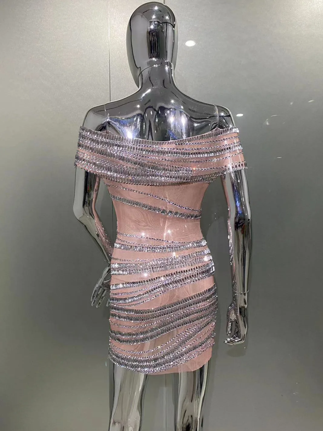 Luxury Sparkling Rhinestone Sexy One-Word Collar Transparent Mesh Mini Dress For Birthday Party Celebration Luxury Evening Gowns
