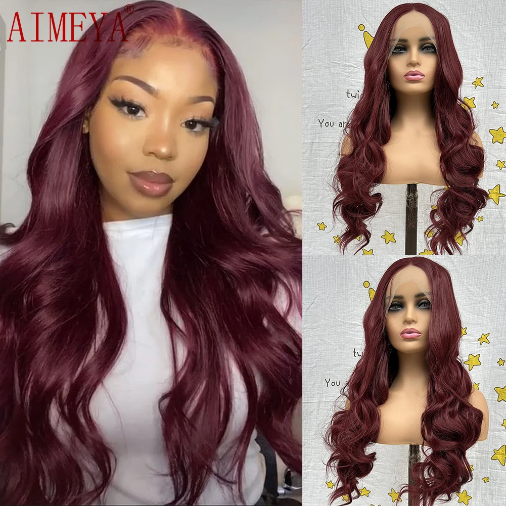 AIMEYA Burgundy Wig Synthetic Lace Wigs For Women Long Body Wave Pre Plucked Hairline Wig With Baby Hair Cosplay Party Wigs