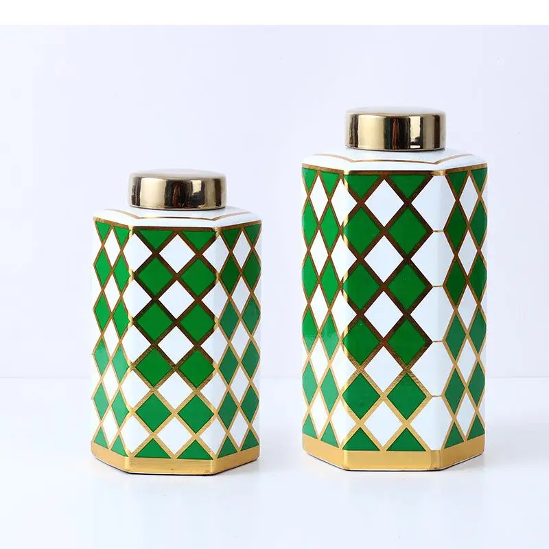 Green Checkered Pattern Ceramic Jar Gilded Hexagonal Bottle Storage Jars with Lids Desktop Decoration Tea Caddy Candy Pots