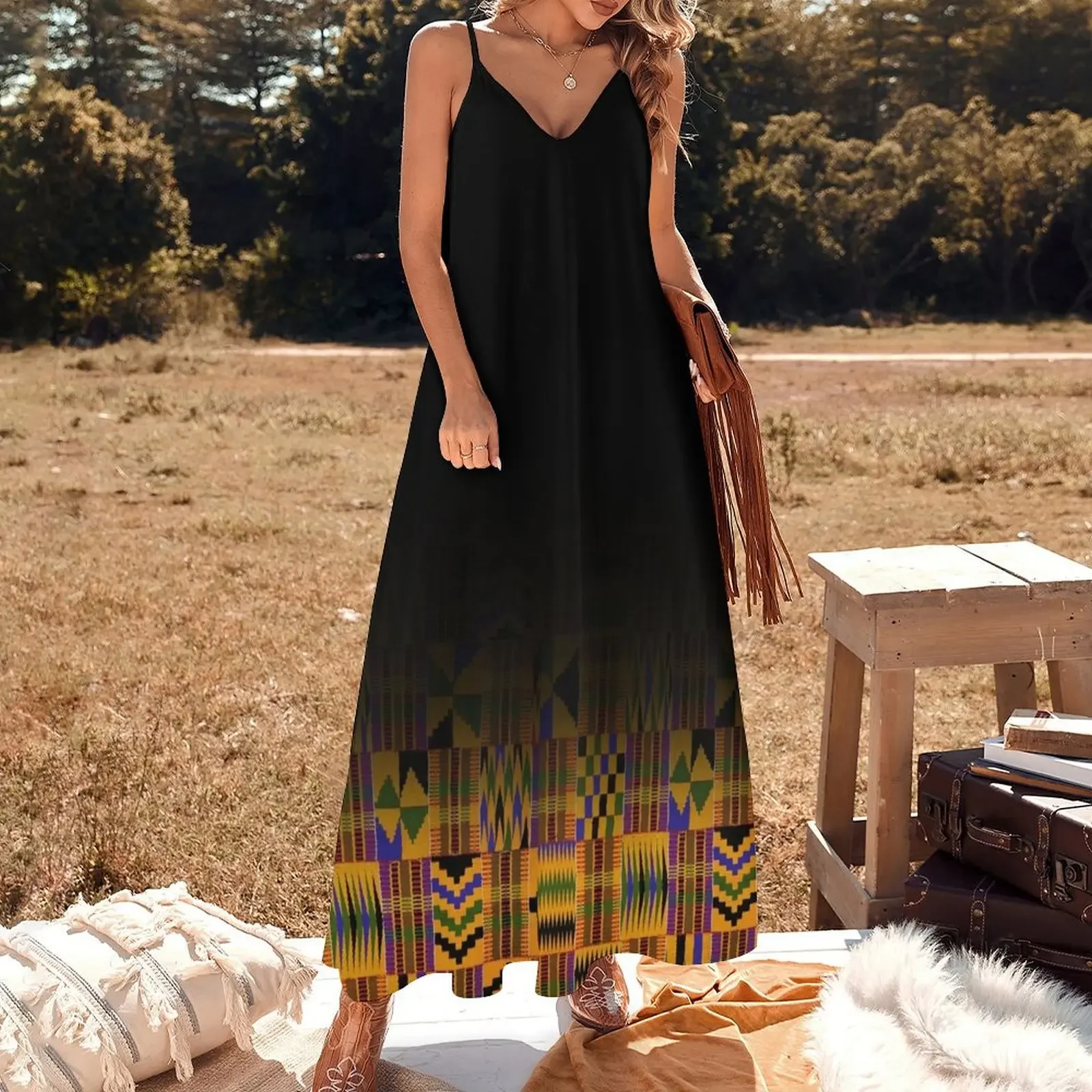 black fading kente print Sleeveless Dress Women long dress dresses for special events loose women's dress Women's