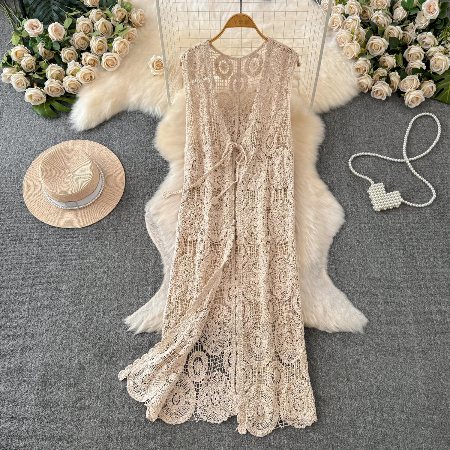 

Mid Length Cardigan Shawl Jacket for Women's Bohemian Vacation Vintage Hollowed Out Crochet Knit Tie Up Sunscreen Coat