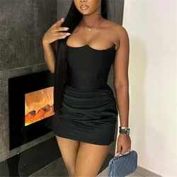 Black Satin Patchwork Mini Dress Birthday Clubwear Women 2024 Sexy Strapless Backless Party Dresses