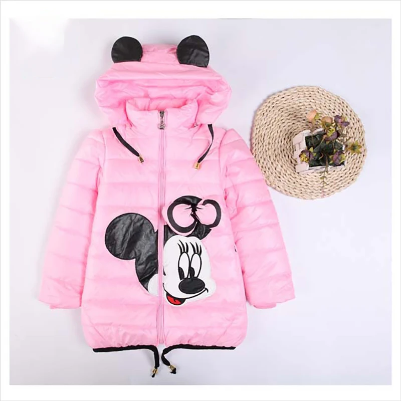 Disney Mickey Mouse Girls 2024 Winter Jacket Kids Cartoon Minnie Hooded Zipper Cotton-Padded Parka Children\'s Clothing Outerwear