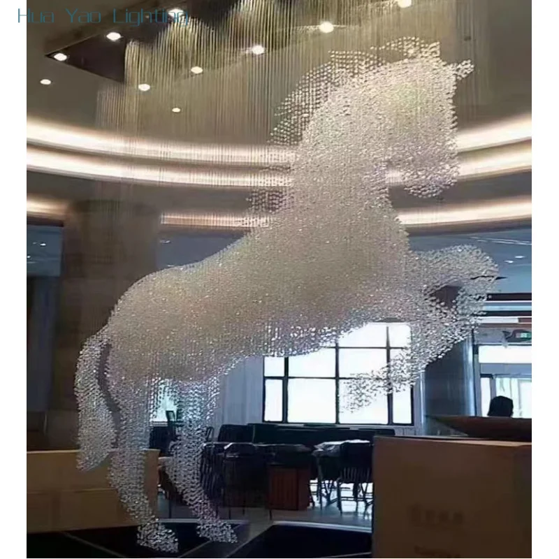 Customized Horse Sculpture Hotel Lobby Villa Salon Decoration Large Project LED Crystal Pendant Lighting Device