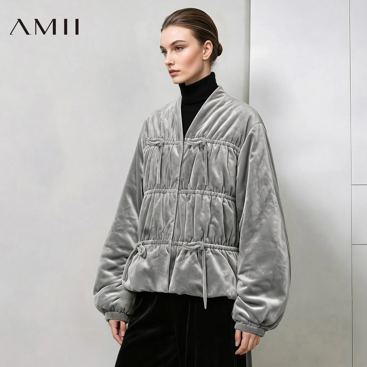 Amii Women Padded Coat V-Neck Velvet Cotton Vintage Curved Sleeve Warm Minimalist Commuter Winter 2026 Coats for Women 12624080