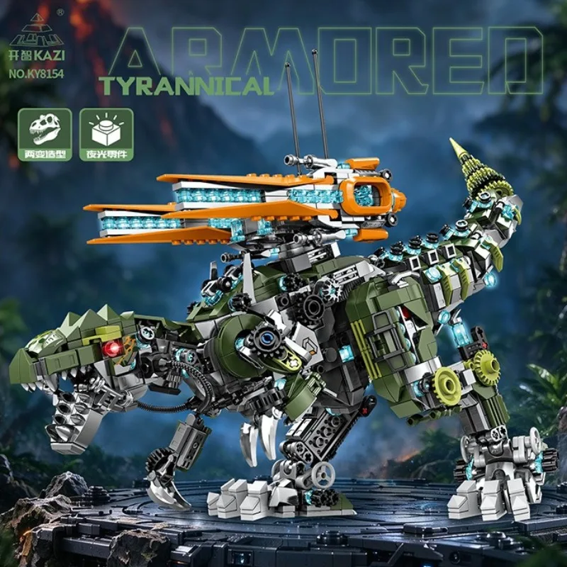 Mechanical Armored Dinosaur Building Blocks, 2-in-1 Glow in Dark Model, Launching Blaster Assembly Desktop Toy