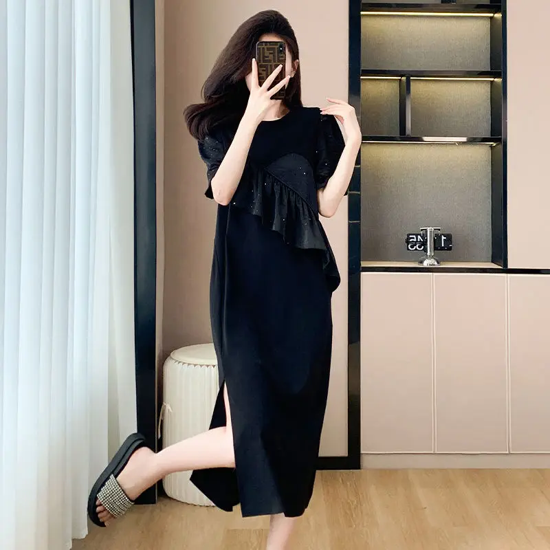 2025 Summer Women Casual Daily Joker Black Loose Midi Dress Lady Cozy O-Neck Short Sleeve T Shirts Dresses Split Ruffle Clothing