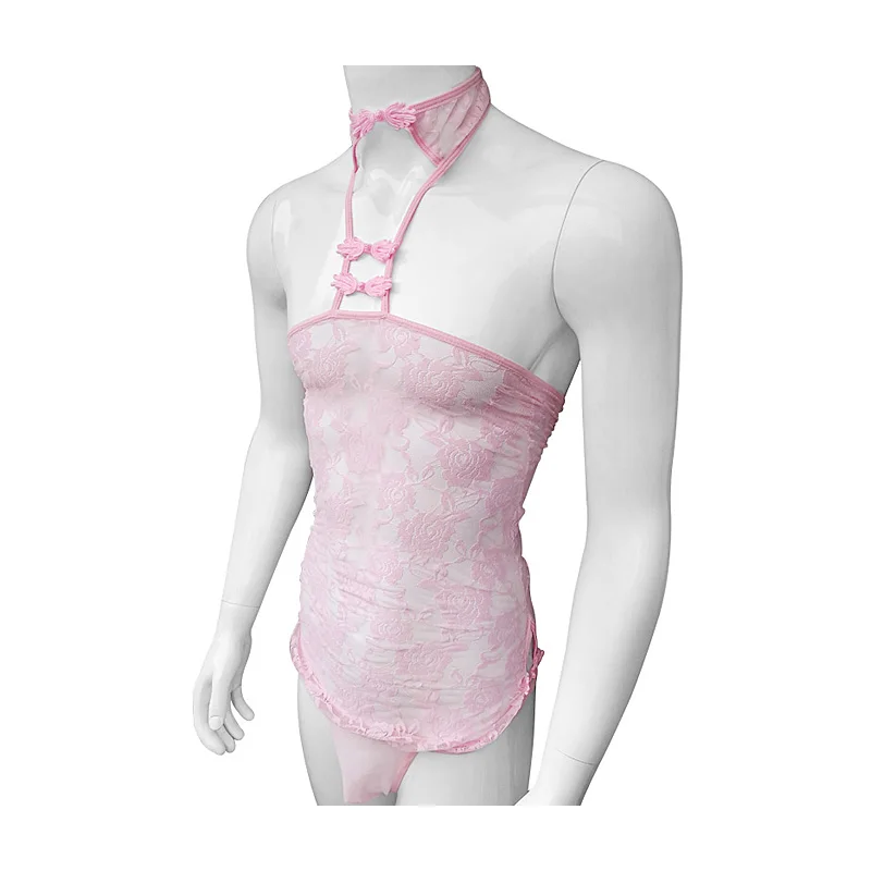 

Hot Sexy Sissy Babydoll Chinese Cheongsam Lace up Back Exotic Costumes Sexy Gay Mens Lingerie Set Exotic Apparel With Thong