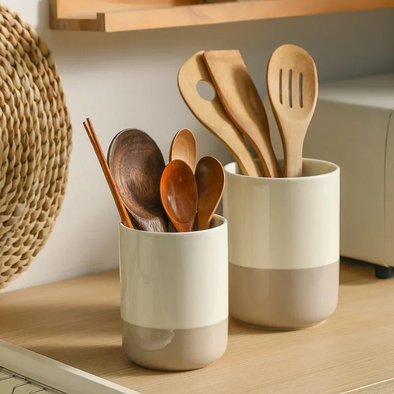 Ceramic Utensil Holder for Kitchen,Porcelain Flatware Storage Organizer,Countertop Cooking Tool Container,Farmhouse Crock