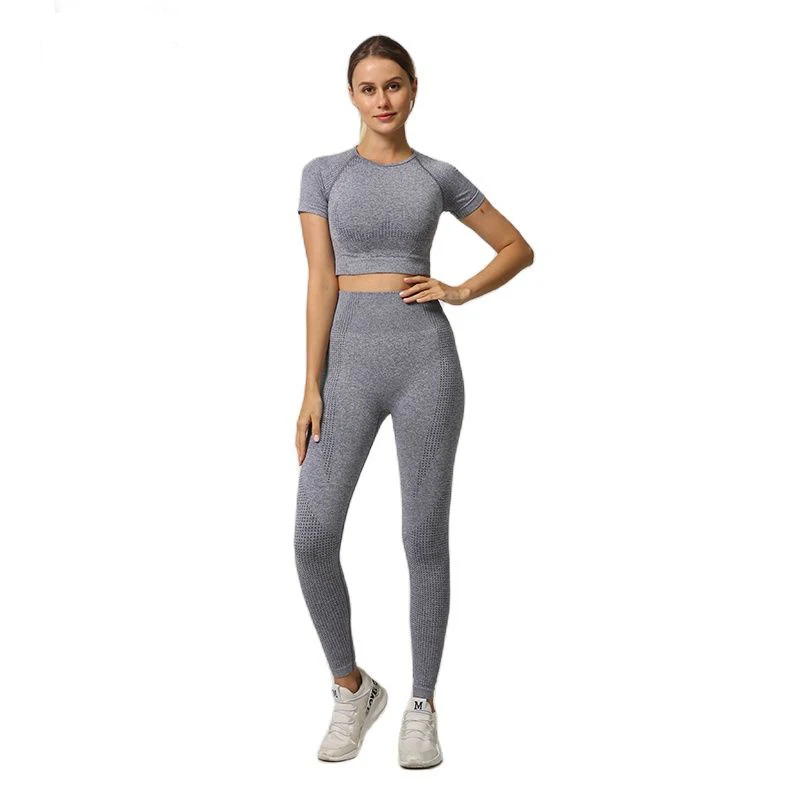 WAREBALL Set da yoga senza cuciture Donna Allenamento Abbigliamento da palestra Fitness Manica corta Crop Top Camicia Leggings a vita alta Pantaloni