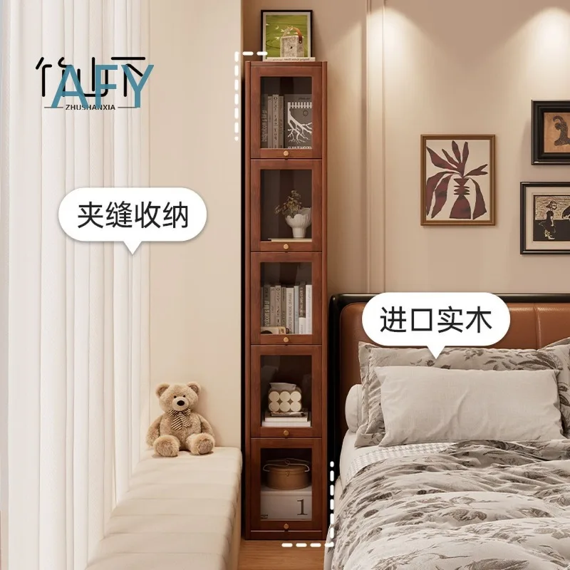 Solid Wood Bookcase for Small Spaces Narrow Vertical Floor Standing Wall Mounted Display Cabinet Crevice Bookshelf Integrated
