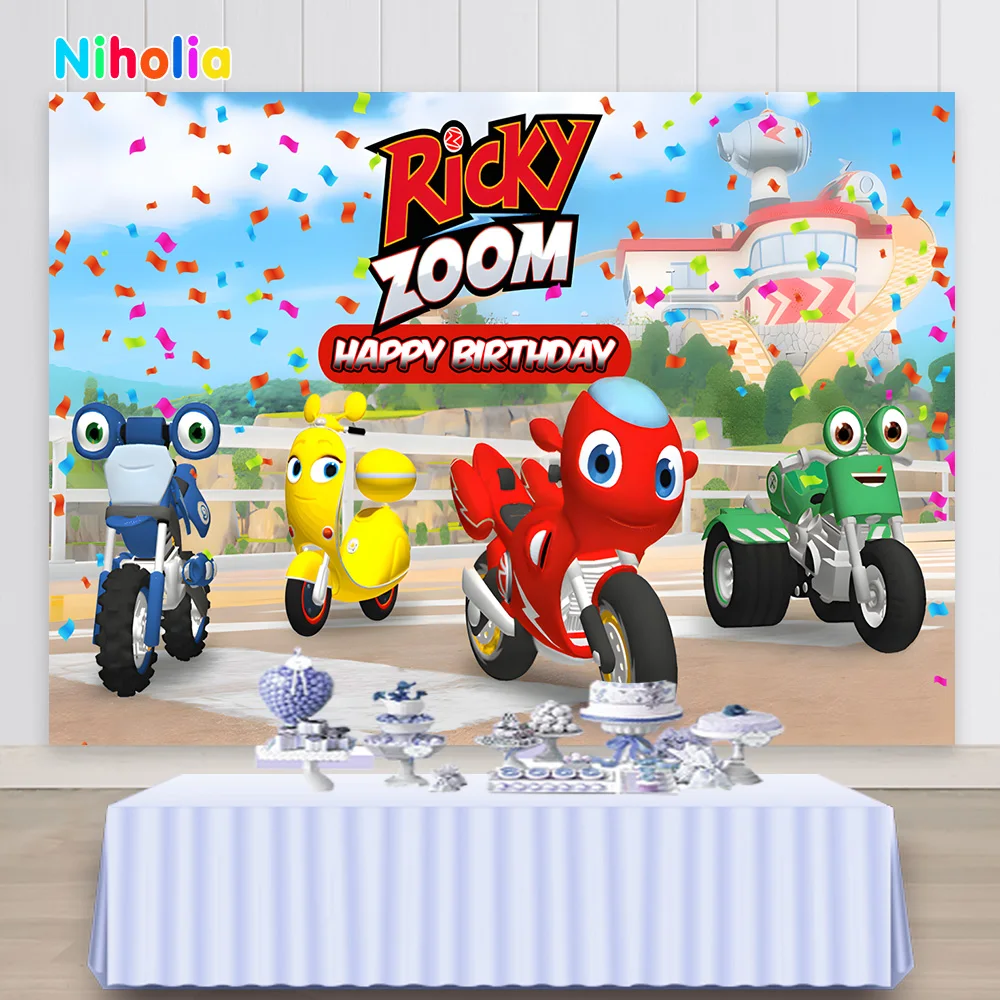 NIHOLIA Ricky Zoom Photo Backdrop Happy Birthday Cartoon Motorcycle Photography Background Custom Decor Banner Props