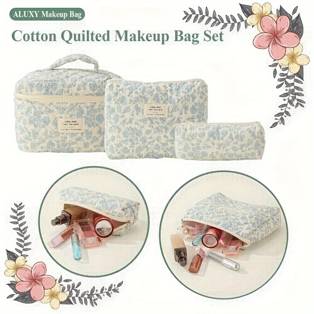 Large Travel Quilted Makeup Bag for Women, Floral Cotton Cosmetic Bag, Coquette Aesthetic Floral Toiletry Organizer Bag