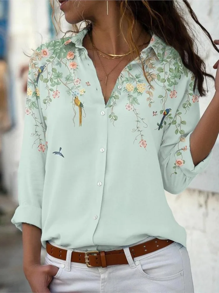 Spring Summer New Women\'s Fashionable Floral Print Top Casual Long Sleeved Slim Fit Loose And Comfortable Button Up Shirt