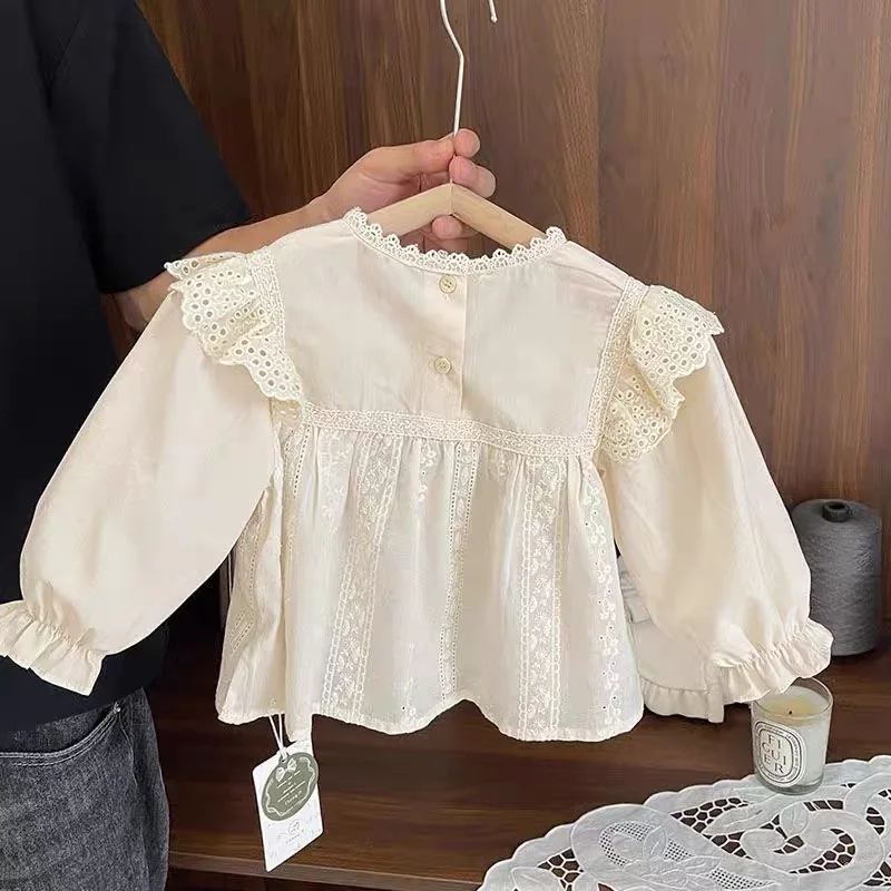 Sweet Girl's Lace Embroidered Doll Shirt Cotton Liner Long Sleeve Button up Top for Autumn Wear Children's Clothing