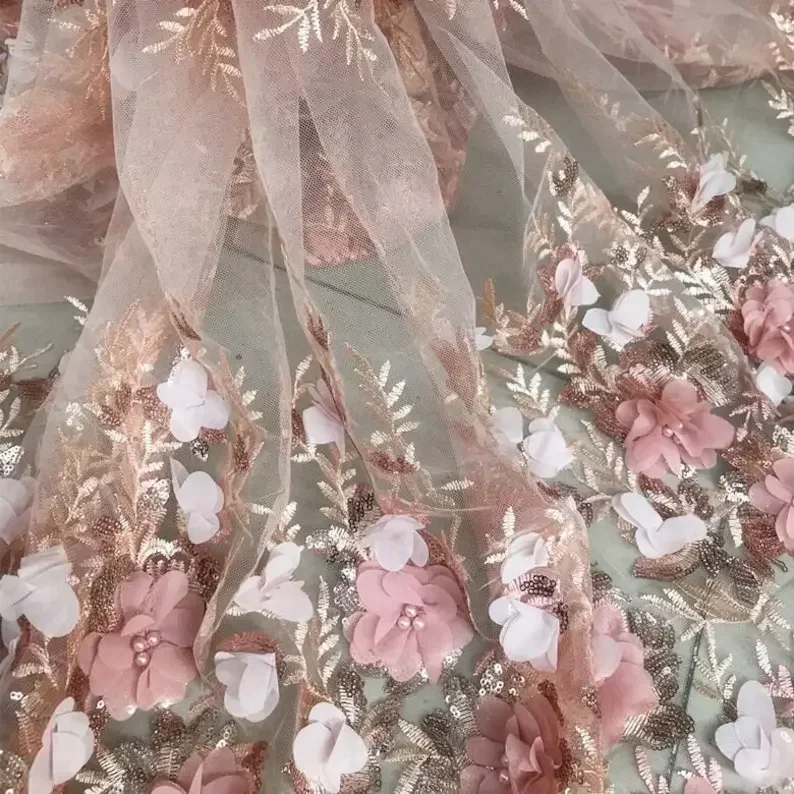 ثلاثية الأبعاد زهرة حبة اللؤلؤ أقمشة الدانتيل الوردي الشيفون الأزهار تول النسيج لفستان الزفاف الحجاب فتاة فستان توتو فستان 1 ياردة #2