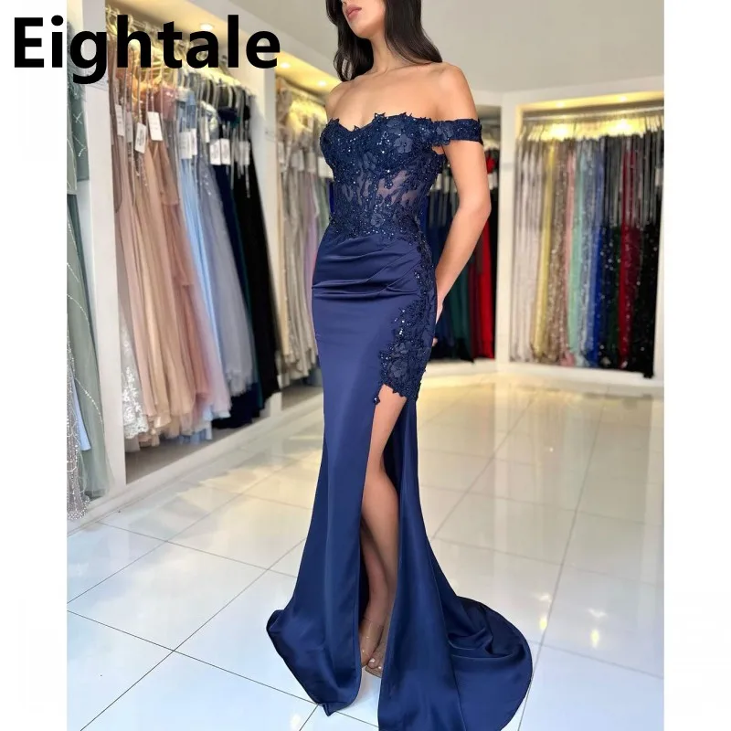 Eightale Customized 2025 Navy Blue Mermaid Prom Dress Off Shoulder Floral Appliques Evening Dress Women Formal Party Gown