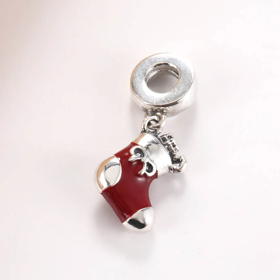 Red Enamel Festive Stocking Pendant Hanging Charm fit Lady Bracelet Bangle DIY Jewelry Silver Plated Pendant Bead