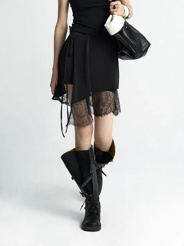 

Large Size Fake Two-piece Lace-up Black Splicing Lace Irregular Short Skirt Women's Summer Design Skirt