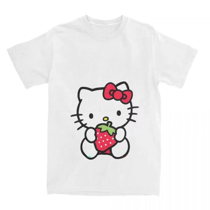 

MINISO Hello Kitty Повседневная футболка с милым котом и клубникой для мужчин и женщин, хлопковая футболка с рисунком Kawaii Cat, летняя уличная футболка Y2K с принтом