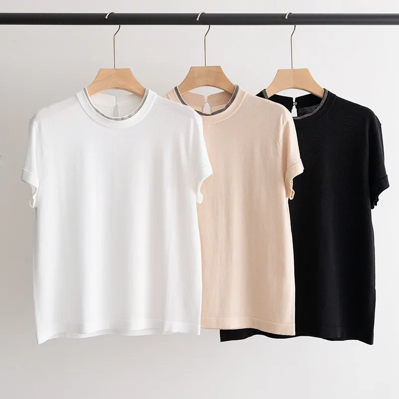 

Women 100% Silk T-Shirt Bead Trim O-Neck Short Sleeve 3-Colors Casual Summer Tee Tops