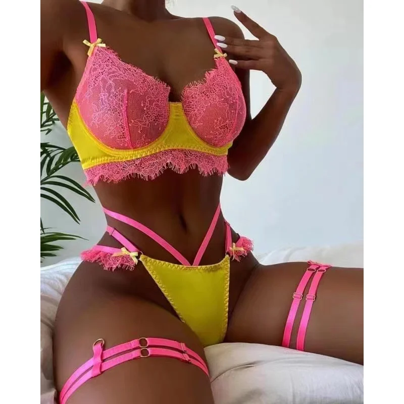 Bikini Fashion Sexy Lingerie Contrast Color Sexy Three-Piece Suit Leggings Butterfly Suit for Women