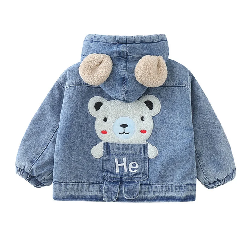 2024 Korean Autumn Winter Girl Denim Jacket Cartoon Bear Hooded Plus Velvet Littie Boy Outerwear Coat 1-6 Year Kids Parka Outfit