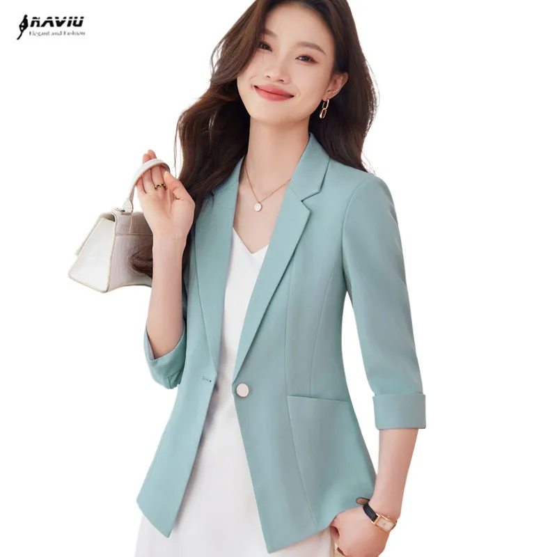 

NAVIU Women Blazer 2024 New Spring Half Sleeve Casual Office Ladies Blazers Female Jacket All Match Suit Basic Coat Outerwear