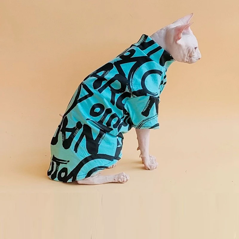 Handmade Spring Sphinx Hairless Cat Clothes Cotton Print Letter Hairless Cat pullover shirt Devon Cat Clothes for Summer Outfit