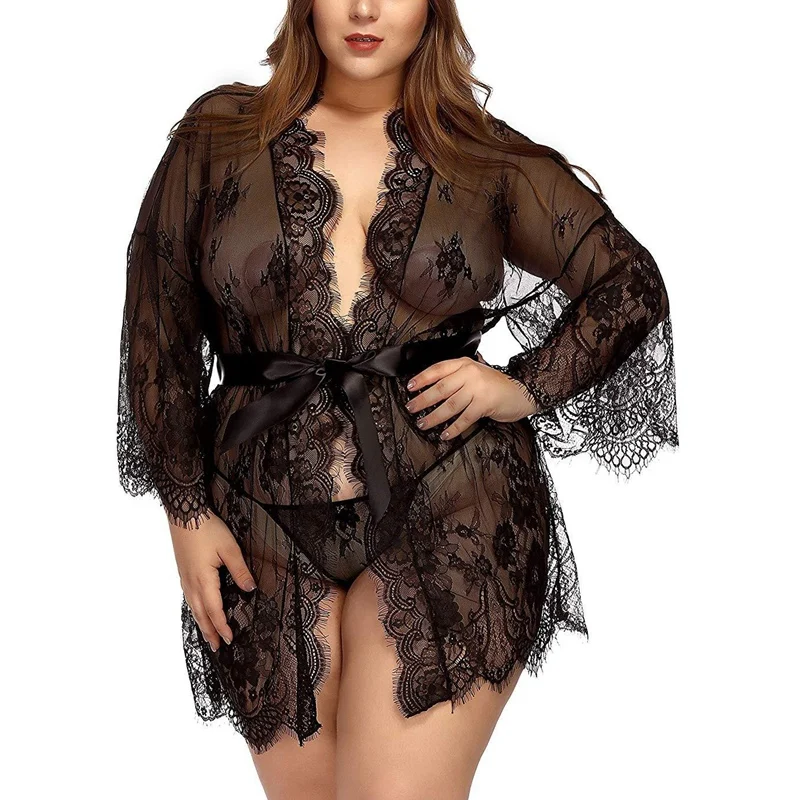 Comeondear Women\'s Kimono Robe Lace Flower Babydoll Bridal Bathrobe Sheer Mesh Nightgown Black White Wedding Gown For Bride