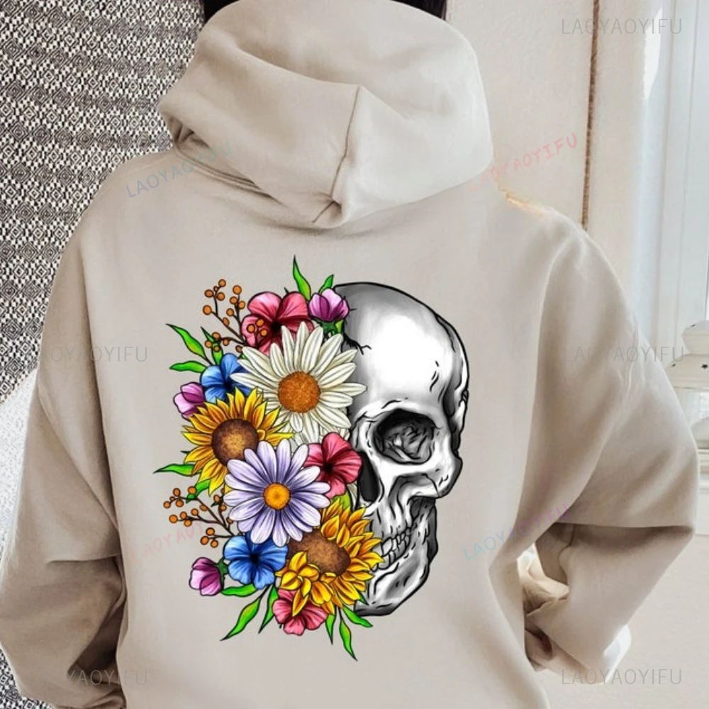 แฟชั่นวินเทจดอกไม้หน้ากะโหลกผู้หญิงเสื้อฮู้ดฤดูใบไม้ร่วงและฤดูหนาวไหล่ตกอบอุ่นพังก์พิมพ์เสื้อฮิปฮอปสตรีทแวร์