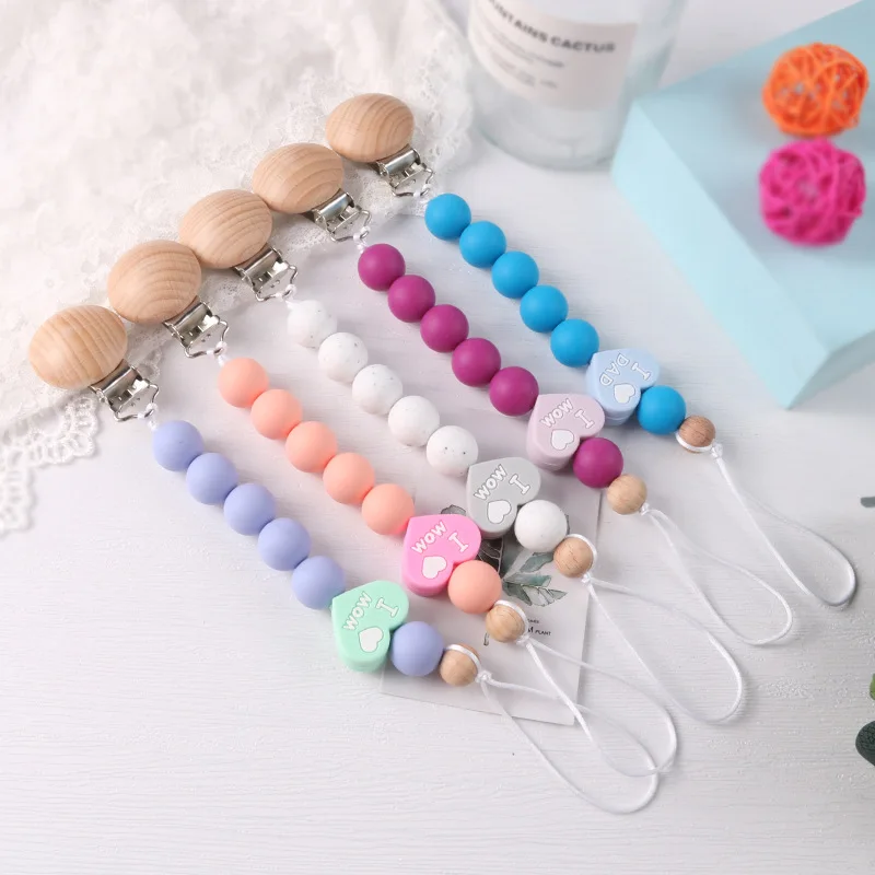 2PCS Pacifier chain silicone beech wood Pacifier anti-drop chain grinding chain pacifier clip baby product safe teether clip